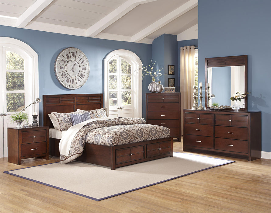 New Classic Kensington California King Low Profile Bed with Storage Footboard in Burnished Cherry